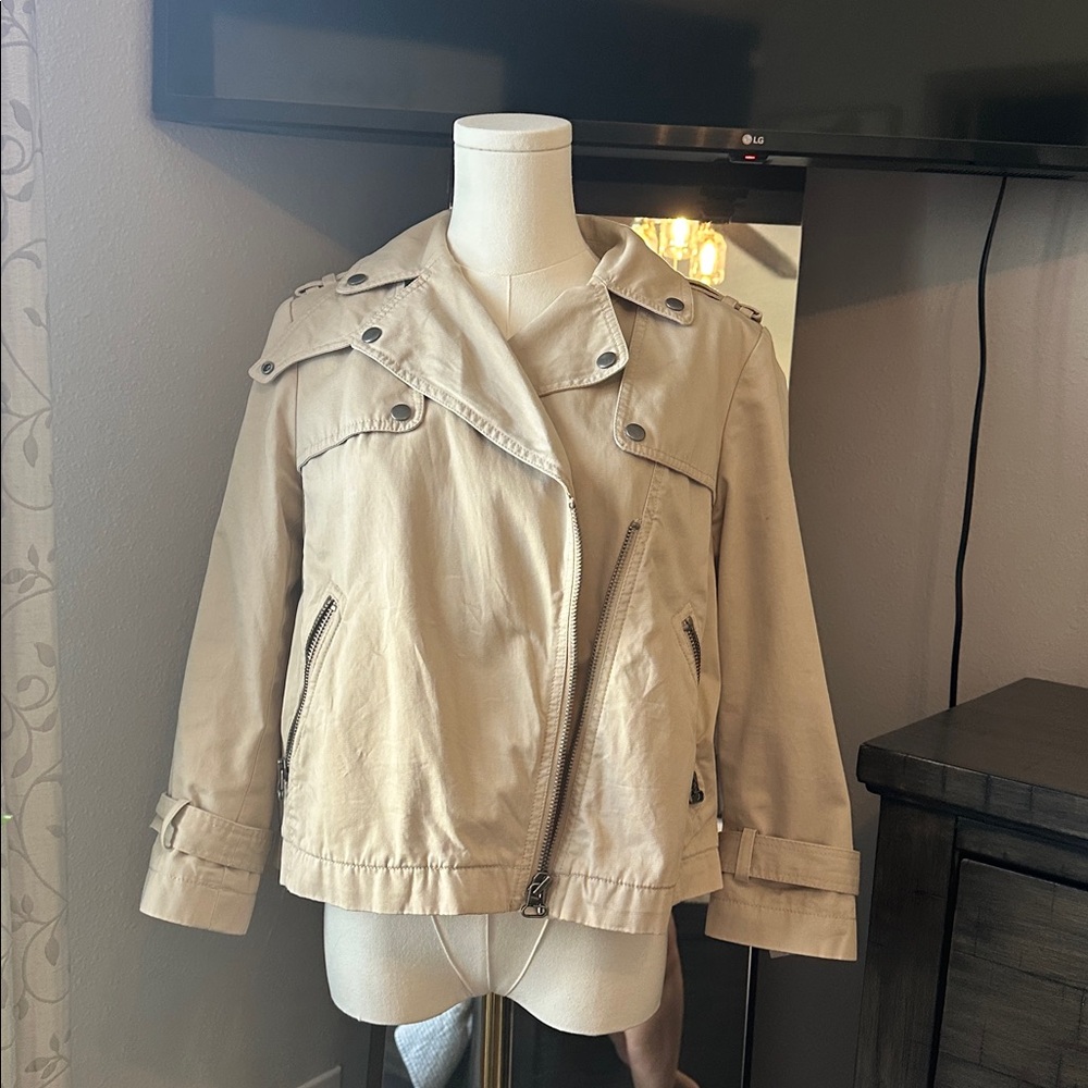 GAP Khaki Cropped Moto Jacket with Zippered Pockets